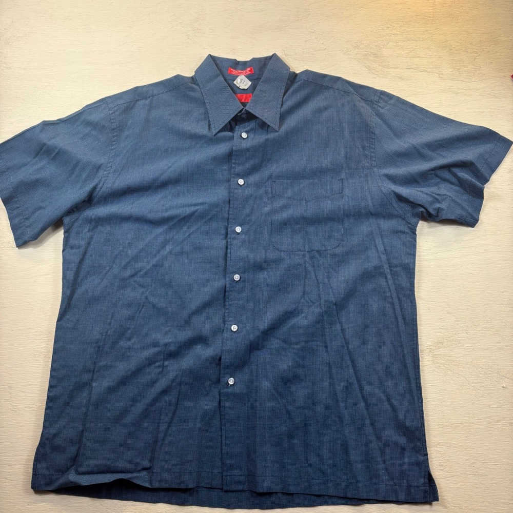Vintage IZOD Mens XL Blue Micro Grid Modal Button Up Shirt Short Sleeve Red Tag